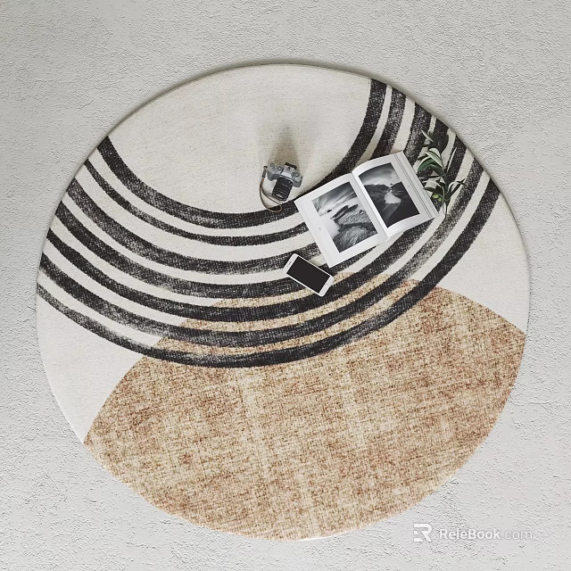 Round Rug With Striped Pattern And Neutral Tones With Decor Items 3d model 