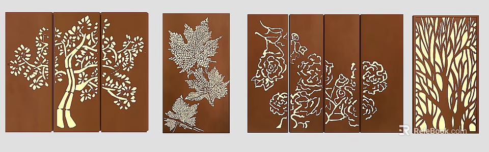 Artistic Decorative Panels With White Leaf And Floral Patterns On Brown Background 3d model