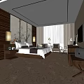 Modern Hotel Room Interior With Large Bed White Linens Dark Pillows Sofa And Curtains