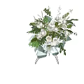 White Flower Arrangement With Green Leaves And Light Green Bow On Stand