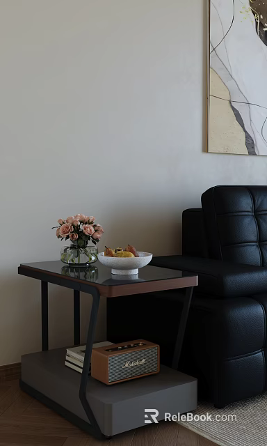 Sleek Modern Glass Top Side Table Beside Black Leather Sofa For Stylish Living Room Decor 3d model 