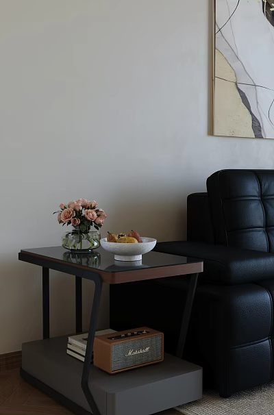 Sleek Modern Glass Top Side Table Beside Black Leather Sofa For Stylish Living Room Decor 3d model