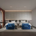 Modern Hotel Room Interior With Large Bed Blue Ottoman Wooden Floor Mirror And Wall Artwork