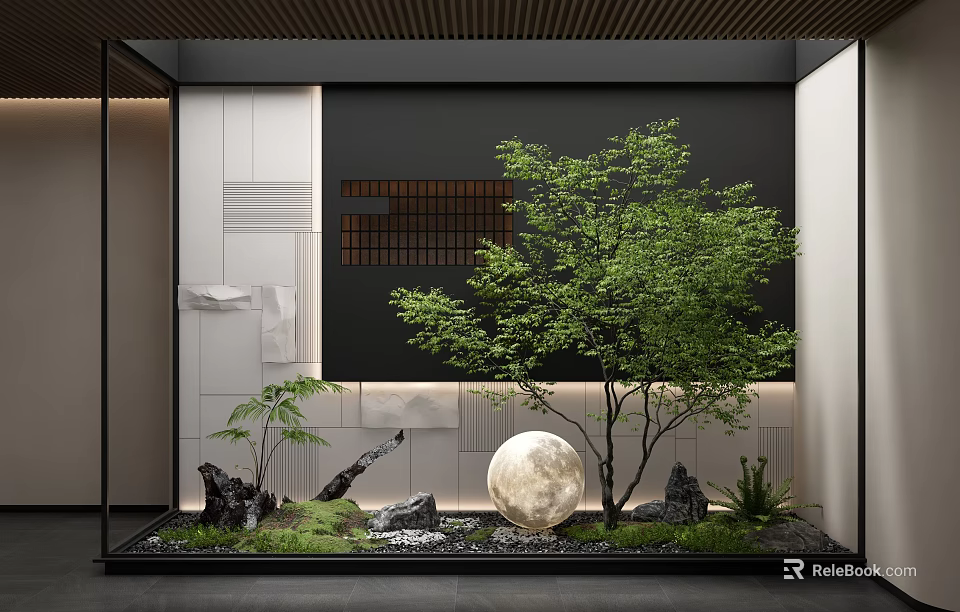 Modern Zen Feature Wall Design With Green Tree Stones Moon Shaped Sphere And Small Plants 3d model 