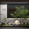 Modern Zen Feature Wall Design With Green Tree Stones Moon Shaped Sphere And Small Plants