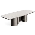 Modern Style Dining Table With Cylindrical Metal Base And Wood Grain Top Surface