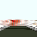 Modern Colorful Striped Bridge With Curved Structure Over Water And Stone Pavement Reflection