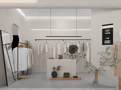 Modern Clothing Store Interior With Hanging Clothes Display Counter Mirrors And Decorative Plants 3d model