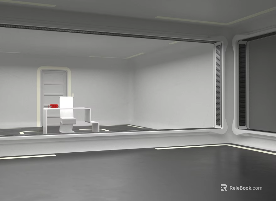 Minimalist White Room Interior With Large Windows White Table And Red Chair 3d model 
