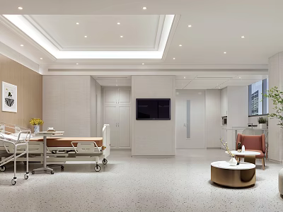 Modern Hospital Ward Interior With Comfortable Bed TV Sofa Chair And Ceiling Lighting 3d model