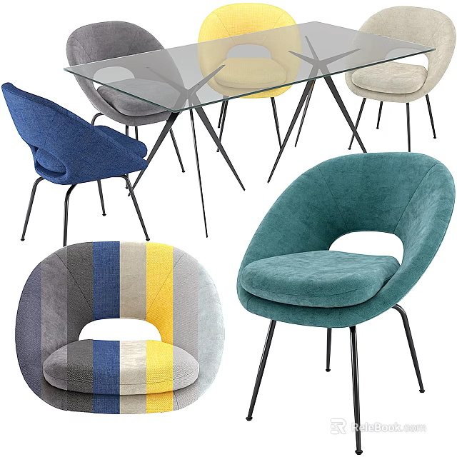 Stylish Dining Table Set With Glass Tabletop And Multi Colored Chairs 3d model 