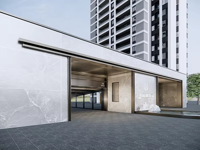 Modern Main Entrance Gate With Marble Walls And High Rise Building Background 3d model