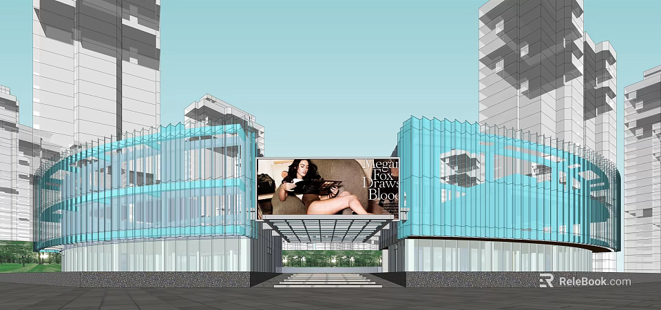 Modern Sales Office Building With Glass Facade And Large Advertising Screen In Urban Area 3d model 
