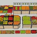 Assorted Fresh Fruits Organized on Store Display Shelves with Colorful Varieties
