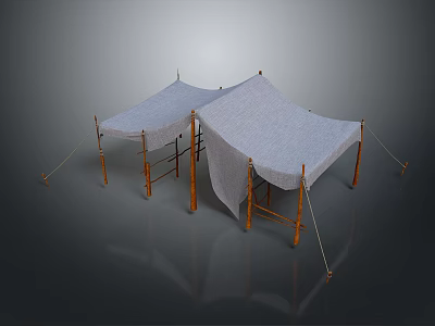 Outdoor Canvas Canopy Tent Structure With Wooden Support Poles And Ropes 3d model