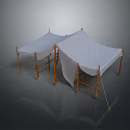 Outdoor Canvas Canopy Tent Structure With Wooden Support Poles And Ropes