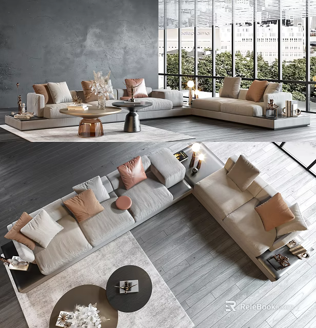Modern Sectional Sofa And Coffee Table Set With Throw Pillows Area Rug And Large Windows 3d model