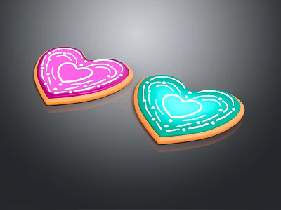 Pink And Teal Heart Shaped Cookies With Orange Edges And White Icing 3d model
