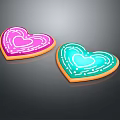 Pink And Teal Heart Shaped Cookies With Orange Edges And White Icing