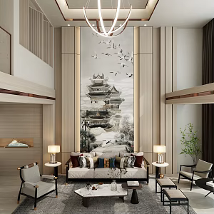 New Chinese style log wind LOFT copy villa living room pick empty living room sofa background wall SU 3d model