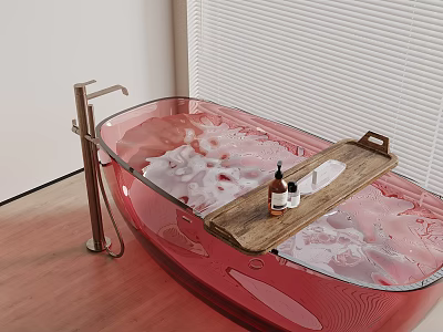 Transparent Red Bathtub With Wooden Tray And Bath Products Near Blinds On Wooden Floor 3d model