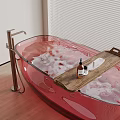 Transparent Red Bathtub With Wooden Tray And Bath Products Near Blinds On Wooden Floor
