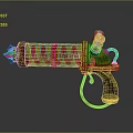 Golden Blue Glowing Fantasy Pistol With Spiral Spring Mechanical Handle And Shiny Metal Parts