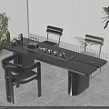 Modern Black Tea Table And Chairs With Tea Set Green Plants And Window Blinds