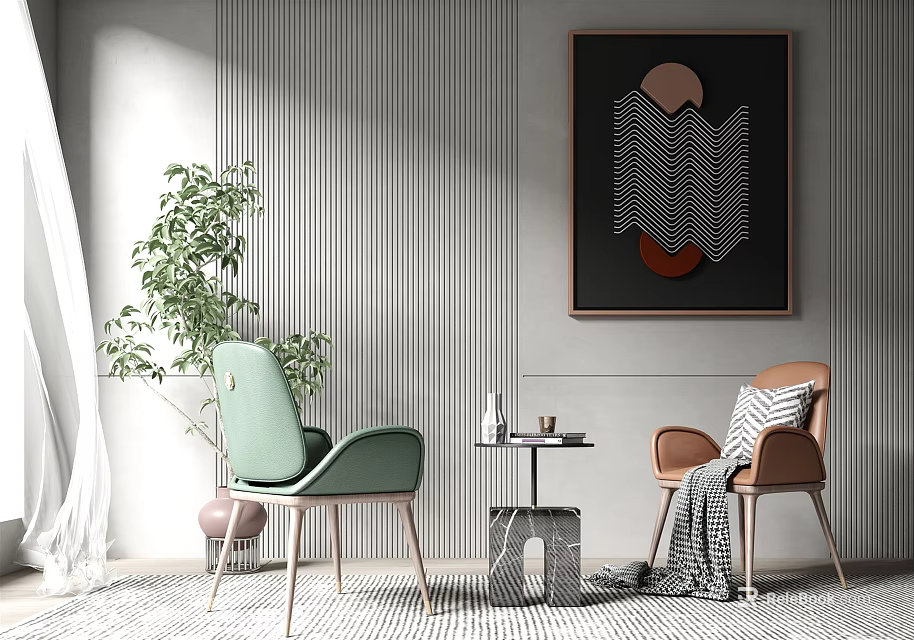 Table And Chairs Set With Green Plant Abstract Painting On Gray Striped Wall And Rug 3d model 