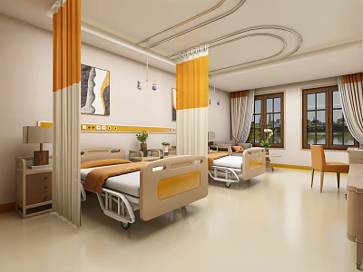 Modern Hospital Room Interior With Two Beds Orange White Curtains Windows And Decorative Elements 3d model