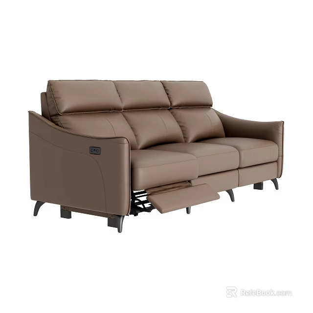Brown Leather Three Seater Sofa With Reclining Function And Modern Design 3d model 
