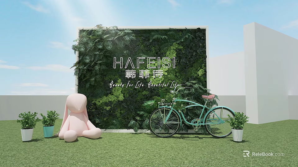 Green Plant Wall with Pink Rabbit Doll Light Blue Bicycle and Small Potted Plants 3d model 