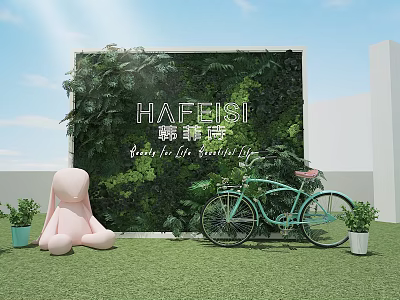 Green Plant Wall with Pink Rabbit Doll Light Blue Bicycle and Small Potted Plants 3d model