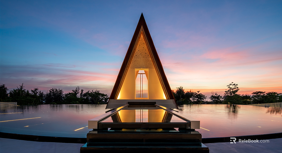 Triangular Building Illuminated In Sunset Sky With Water Pool Clouds And Trees 3d model 