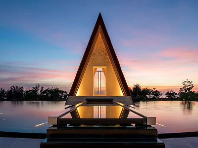 Triangular Building Illuminated In Sunset Sky With Water Pool Clouds And Trees 3d model