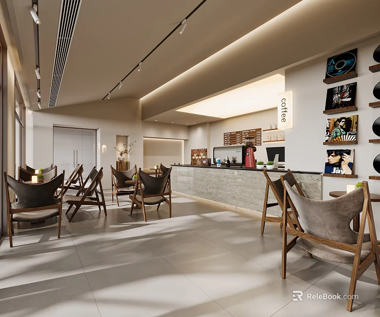 Modern Café Interior Design With Seating Area Bar Counter And Decorative Paintings 3d model 