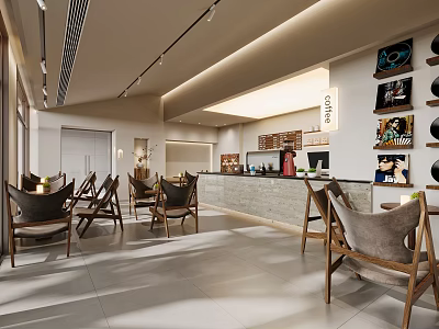 Modern Café Interior Design With Seating Area Bar Counter And Decorative Paintings 3d model