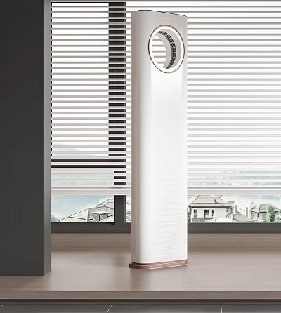 White Vertical Air Cooler Fan in Indoor Space With Window Blinds and Outside House View 3d model