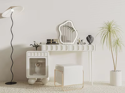 Modern White Vanity Table With Decorative Mirror Stool Cosmetics And Potted Plant 3d model
