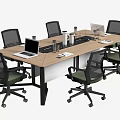 Round and Rectangular Conference Tables With Black Office Chairs Laptops and Water Cups