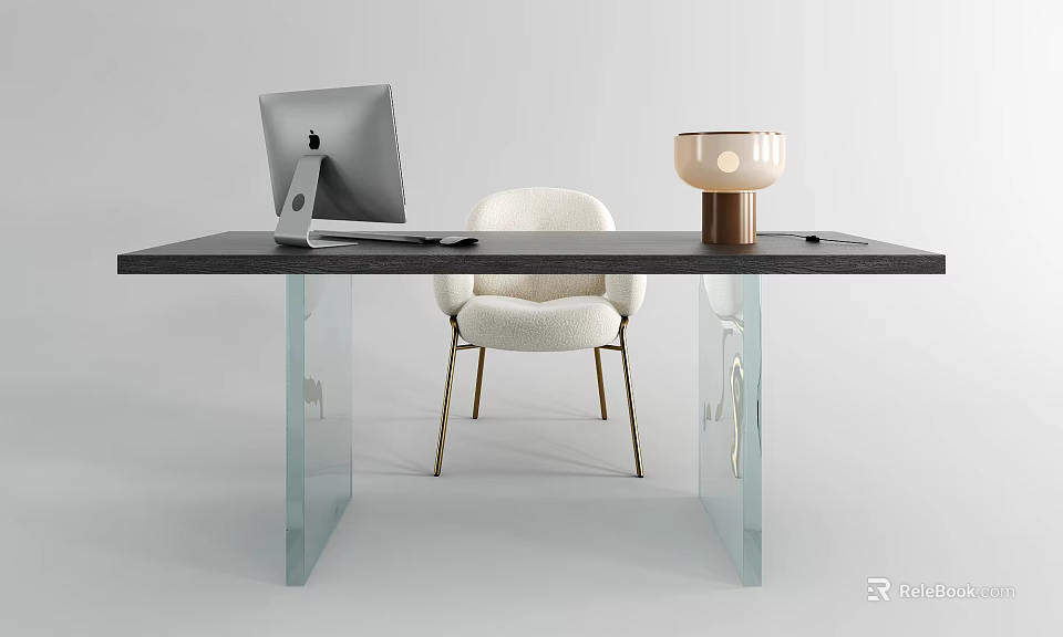 Modern Desk With Black Tabletop Transparent Glass Legs Apple iMac White Chair And Table Lamp 3d model 