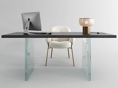 Modern Desk With Black Tabletop Transparent Glass Legs Apple iMac White Chair And Table Lamp 3d model