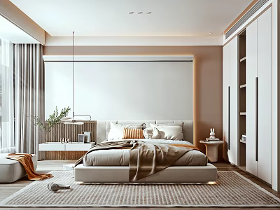 Modern Bedroom Interior Featuring Platform Bed Headboard Wall Nightstand Rug And Plants 3d model