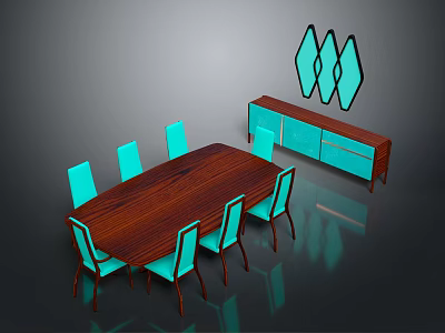 Modern Dining Furniture With Wooden Table Light Blue Chairs Cabinet And Diamond Shaped Wall Decor 3d model