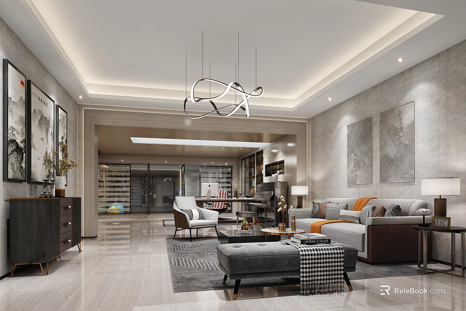 Modern Basement Interior Design with Spacious Living Area Comfortable Sofa Stylish Chandelier and Decorative Paintings 3d model 
