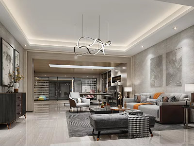 Modern Basement Interior Design with Spacious Living Area Comfortable Sofa Stylish Chandelier and Decorative Paintings 3d model