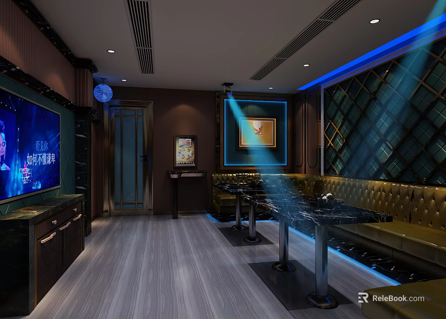 Modern KTV Room Interior With Large Screen Sofa Tables And Blue Lighting 3d model 