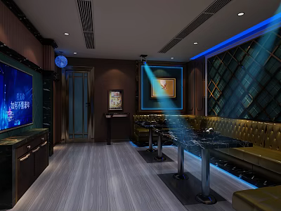 Modern KTV Room Interior With Large Screen Sofa Tables And Blue Lighting 3d model