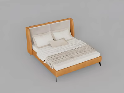 Modern Double Bed With Brown Beige Upholstered Headboard Striped Bedding Pillows And Black Legs 3d model