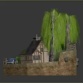 Miniature Garden Scene With Willow Trees Small House Blue Car Bridge And Waterfall